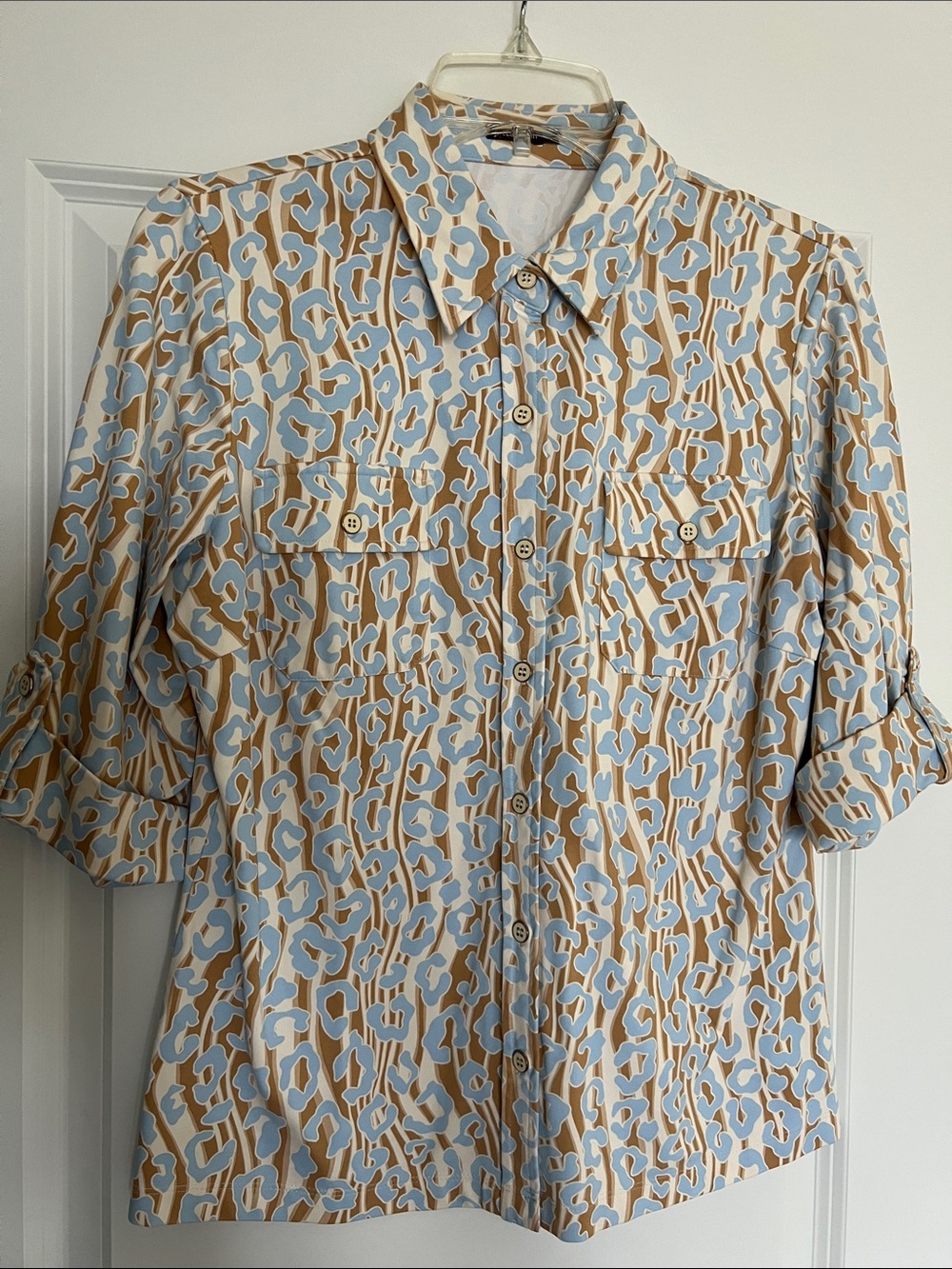 J. McLaughlin Catalina Cloth Light Blue and Camel Animal Print Top